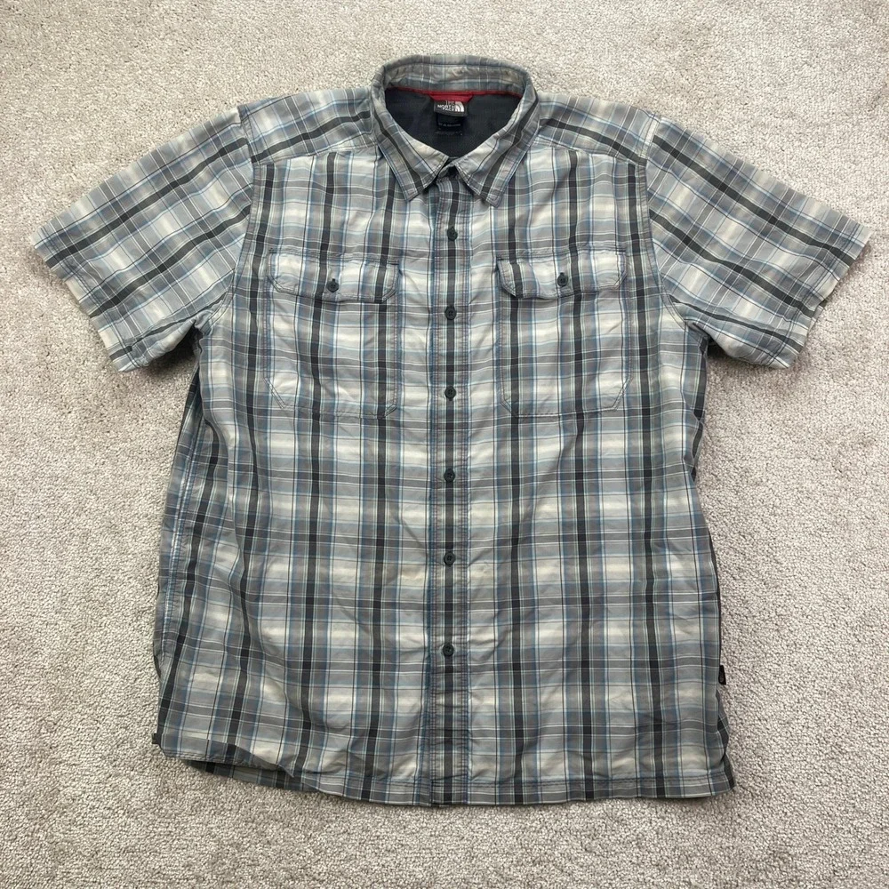 The North Face Mens Large Short Sleeve Plaid Button Up Shirt Blue Gray Hiking